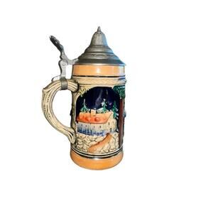 Vintage German Beer Stein with Pewter Lid –Hand-Painted Relief – Made in Germany